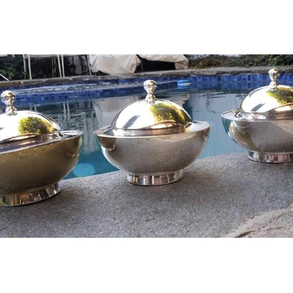 Cool MCM William Adams Towle Co. set of 3 Double Lidded Silver Plate Bowls - Picture 1 of 8